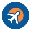 Circular blue and orange logo with airplane